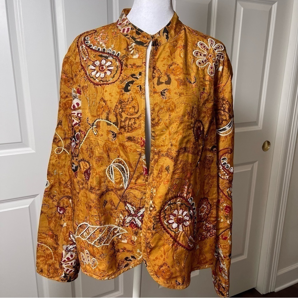 Anu by Natural Silk Embroidered Beaded Open Jacket Mandarin Neckline Large - Picture 2 of 16